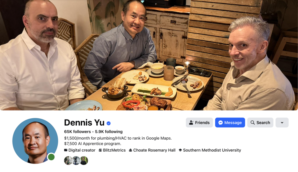 Screenshot of my Facebook profile showing a cover photo of me at dinner with two colleagues and a small circular solo profile photo beneath it — a live example of the principle: authority through group photos, identity through the small profile circle.