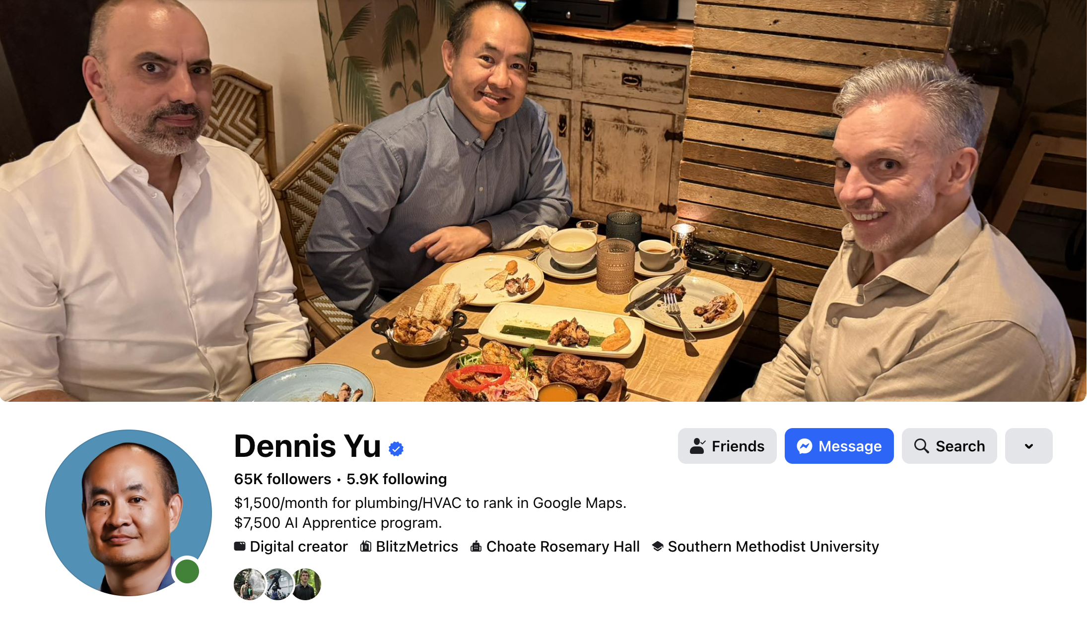 Facebook profile showing a cover photo at dinner with colleagues versus a small solo profile photo
