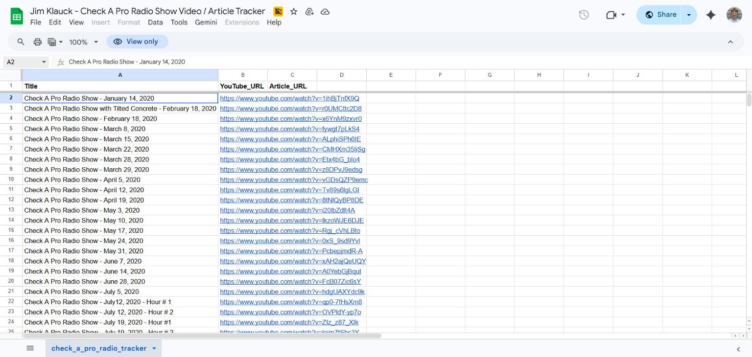 Jim Klauck Check A Pro Radio Show video inventory spreadsheet with 1,611 YouTube videos cataloged chronologically from January 2020