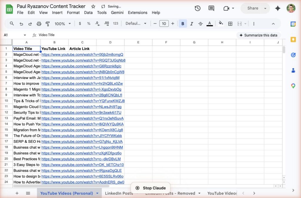 YouTube Videos (Personal) tab in Paul Ryazanov's Content Tracker inventorying 37 MageCloud agency videos for future repurposing