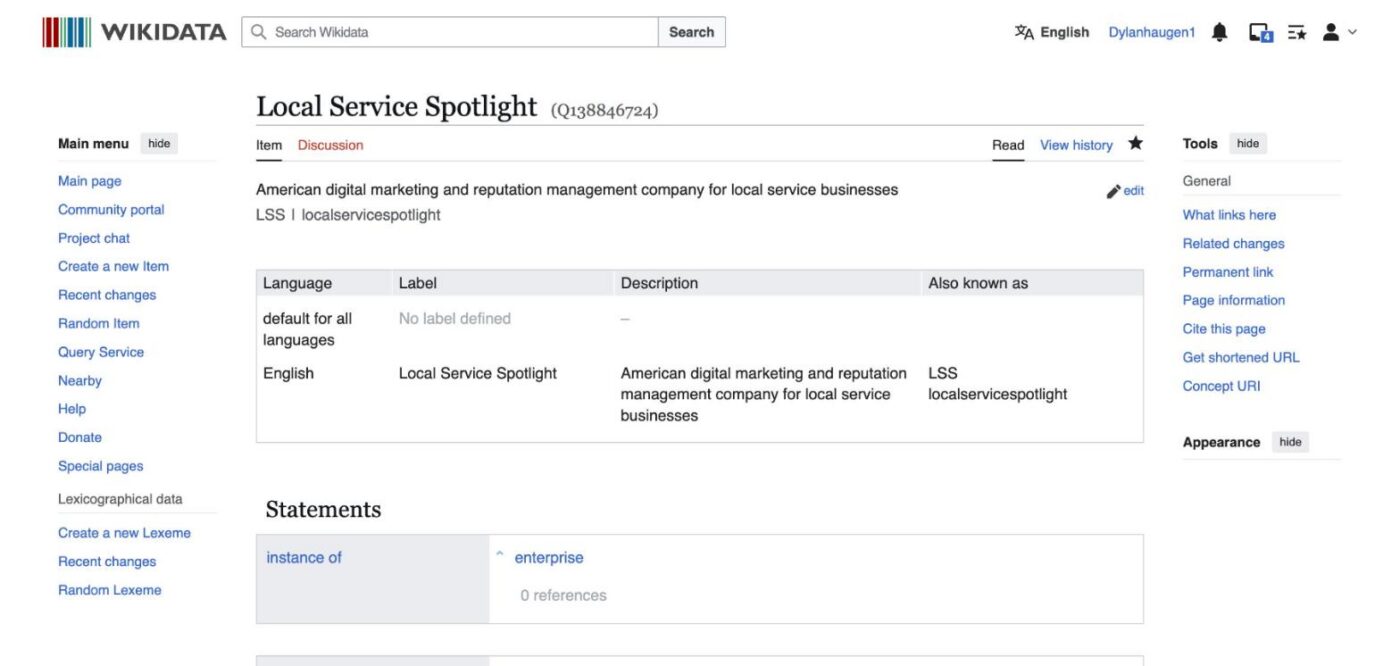 Wikidata entity page for Local Service Spotlight (Q138846724) showing label, description, aliases, and statements