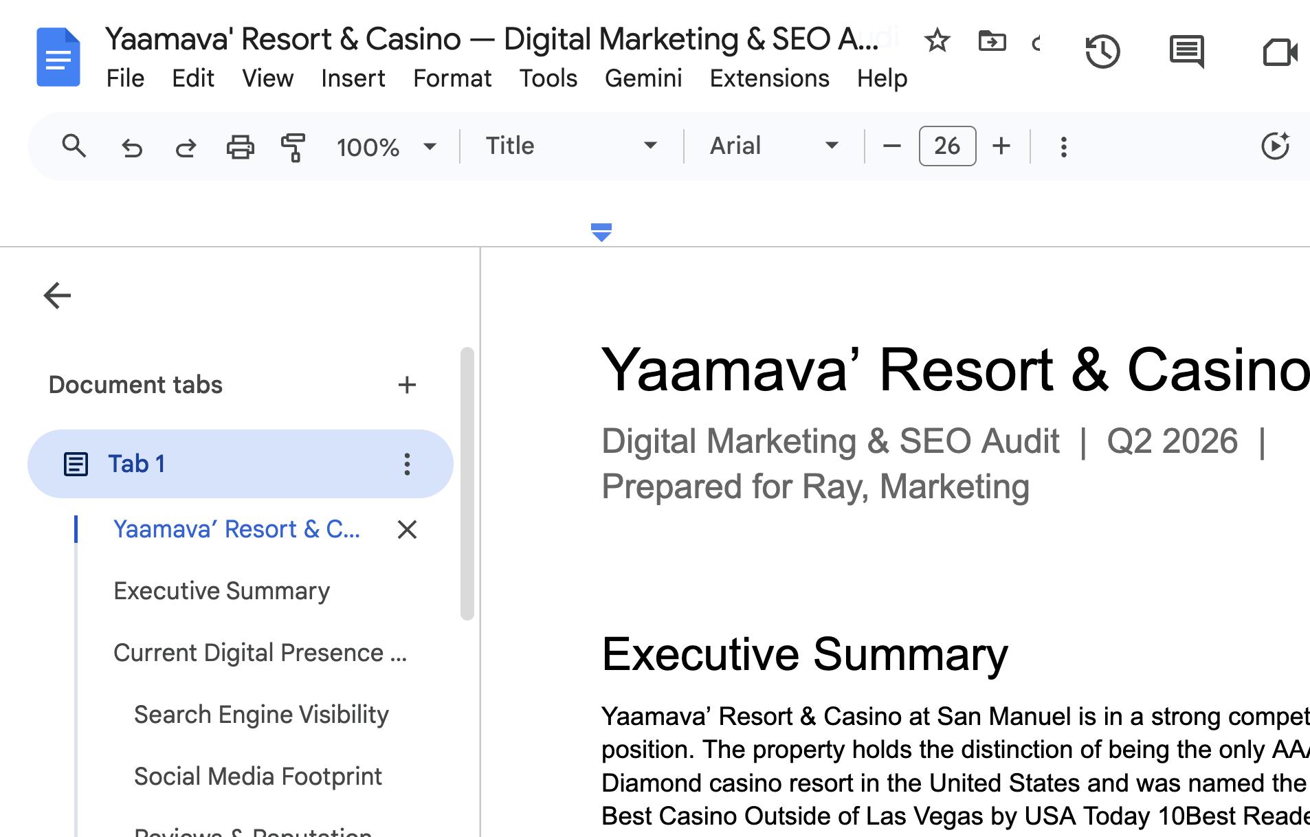 Screenshot of the Yaamava Resort and Casino Digital Marketing and SEO Audit Google Doc showing the executive summary