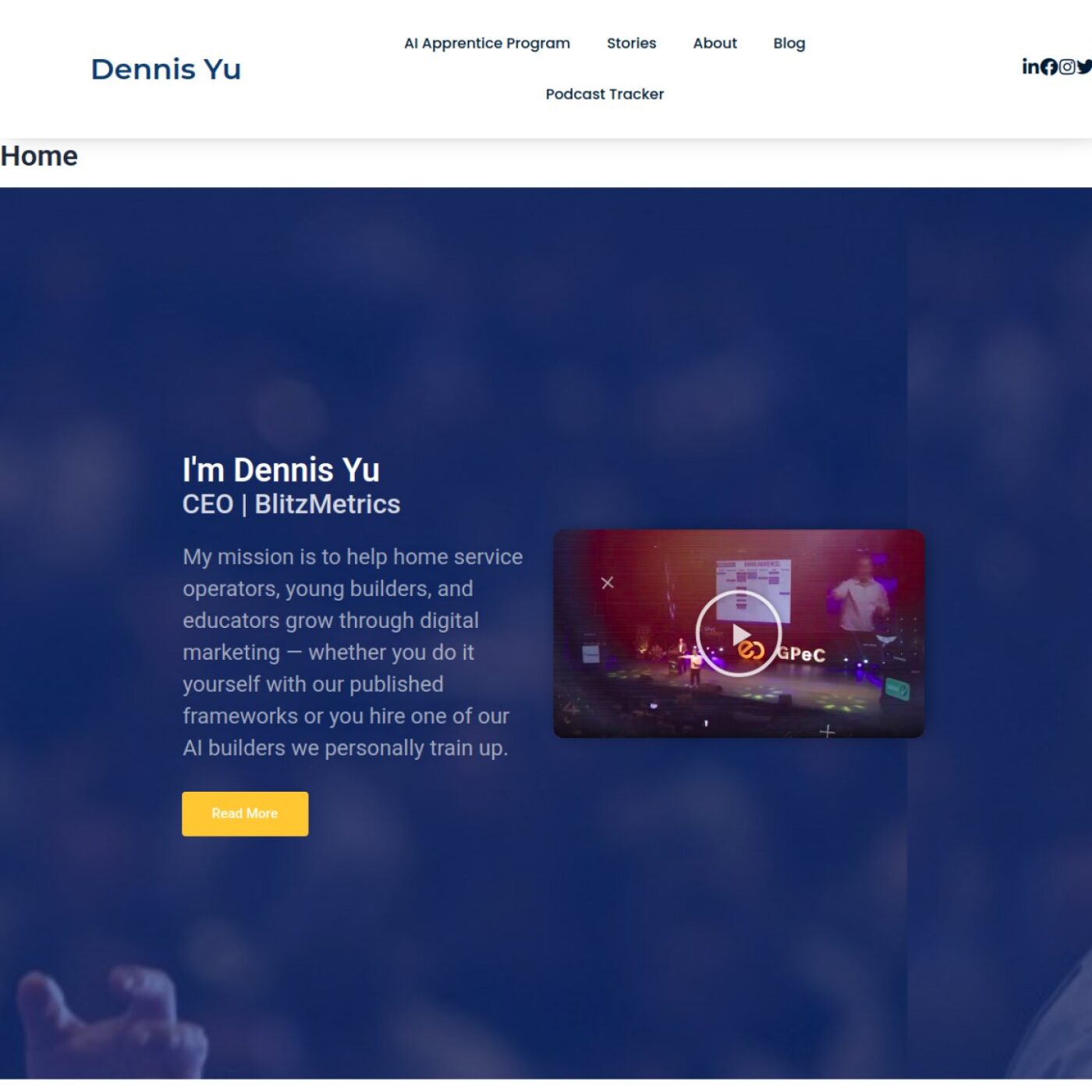 dennisyu.com homepage after the restructure — broadened hero mission line ('home service operators, young builders, and educators') and the new 'Who are you?' three-paths section directly below