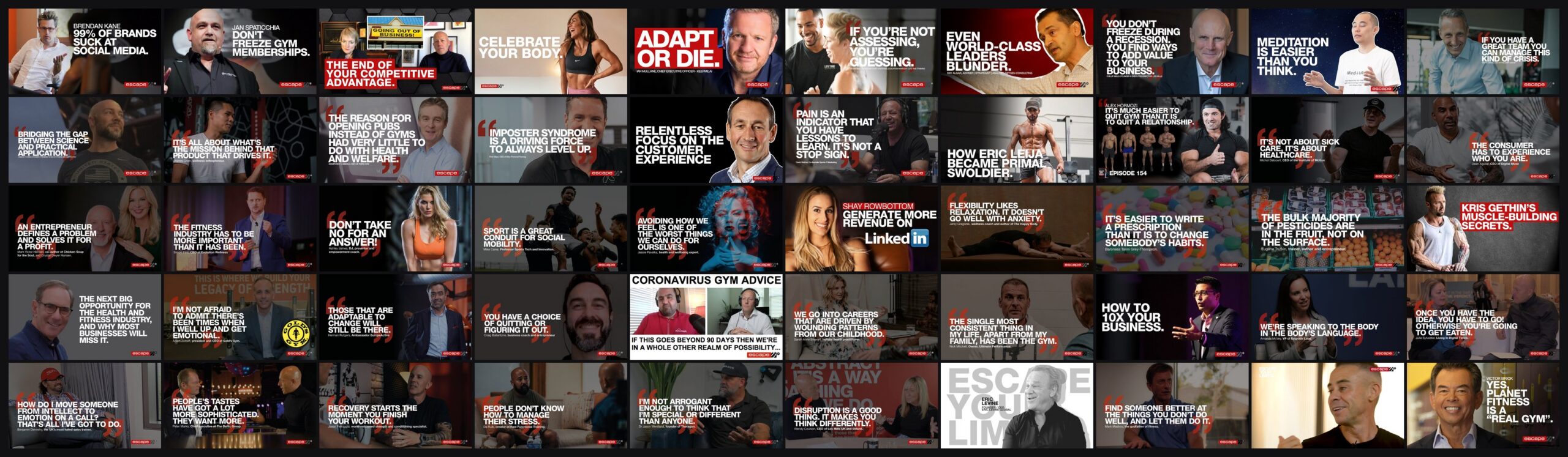 Grid of 50 Escape Your Limits podcast thumbnails from Wave 7