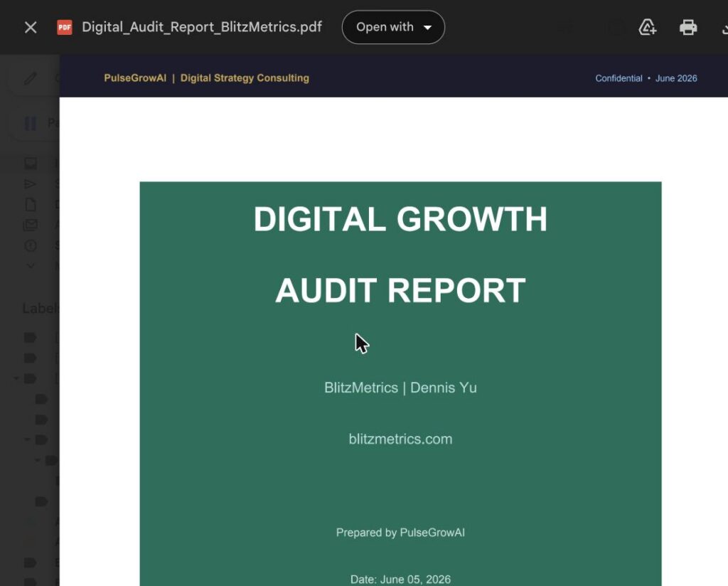 The AI-generated Digital Growth Audit Report PDF cover page that Pulse Grow AI sent to Dennis Yu