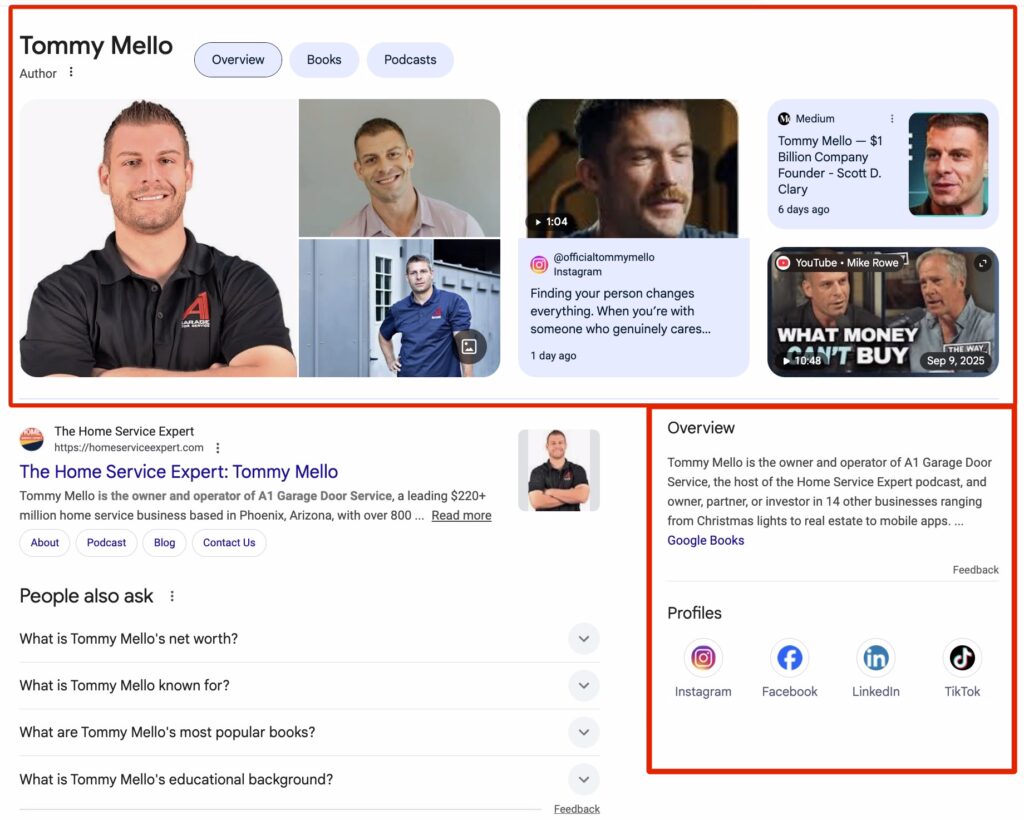What Is a Google Knowledge Panel? The Complete Guide (With Real Examples) 1 Annotated Google Knowledge Panel for Tommy Mello of A1 Garage Door Service