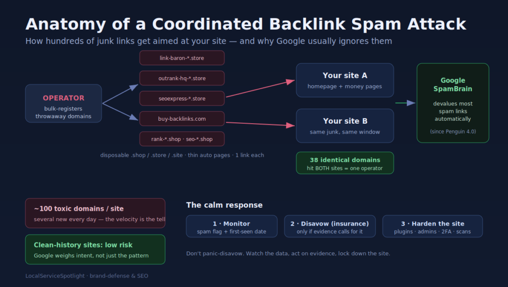 Diagram: an operator bulk-registers throwaway .shop and .store domains that each drop one spam link at two target sites; 38 domains overlap both sites, revealing one source, while Google SpamBrain devalues most of the links automatically.