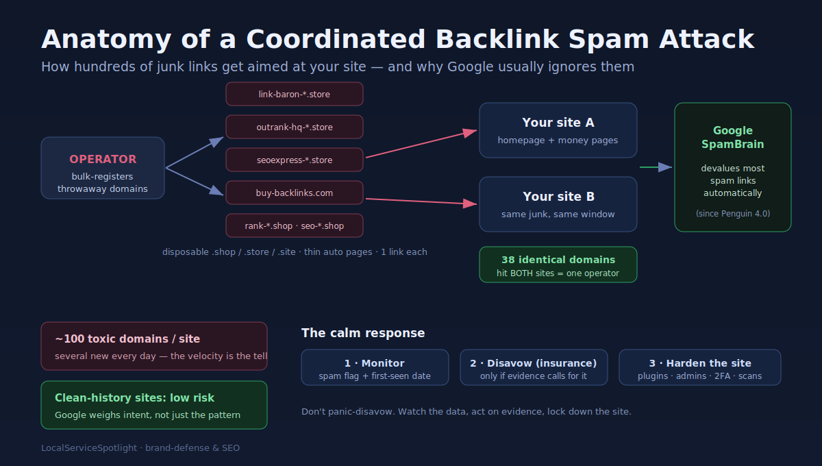Diagram: an operator bulk-registers throwaway .shop and .store domains that each drop one spam link at two target sites; 38 domains overlap both sites, revealing one source, while Google SpamBrain devalues most of the links automatically.