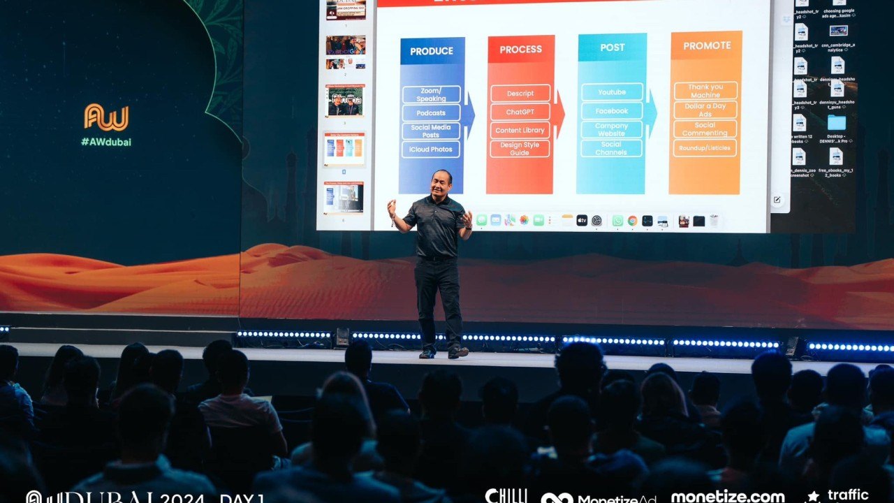 Dennis Yu speaking on stage at Affiliate World Dubai with the Content Factory framework projected behind him