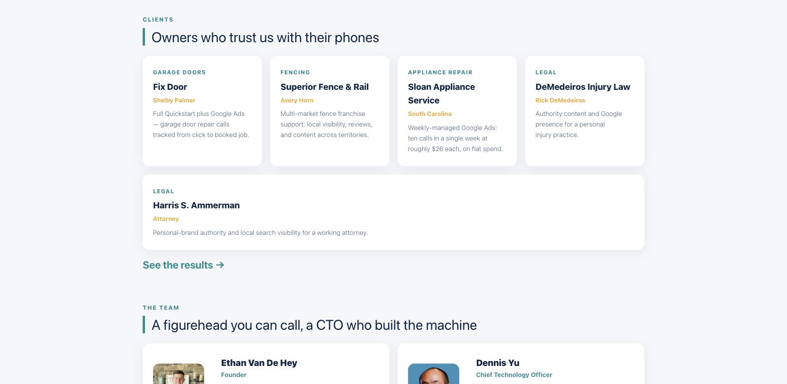 Client wall of ensitefulmarketing.com listing Fix Door, Superior Fence and Rail, Sloan Appliance Service, DeMedeiros Injury Law, Harris S. Ammerman