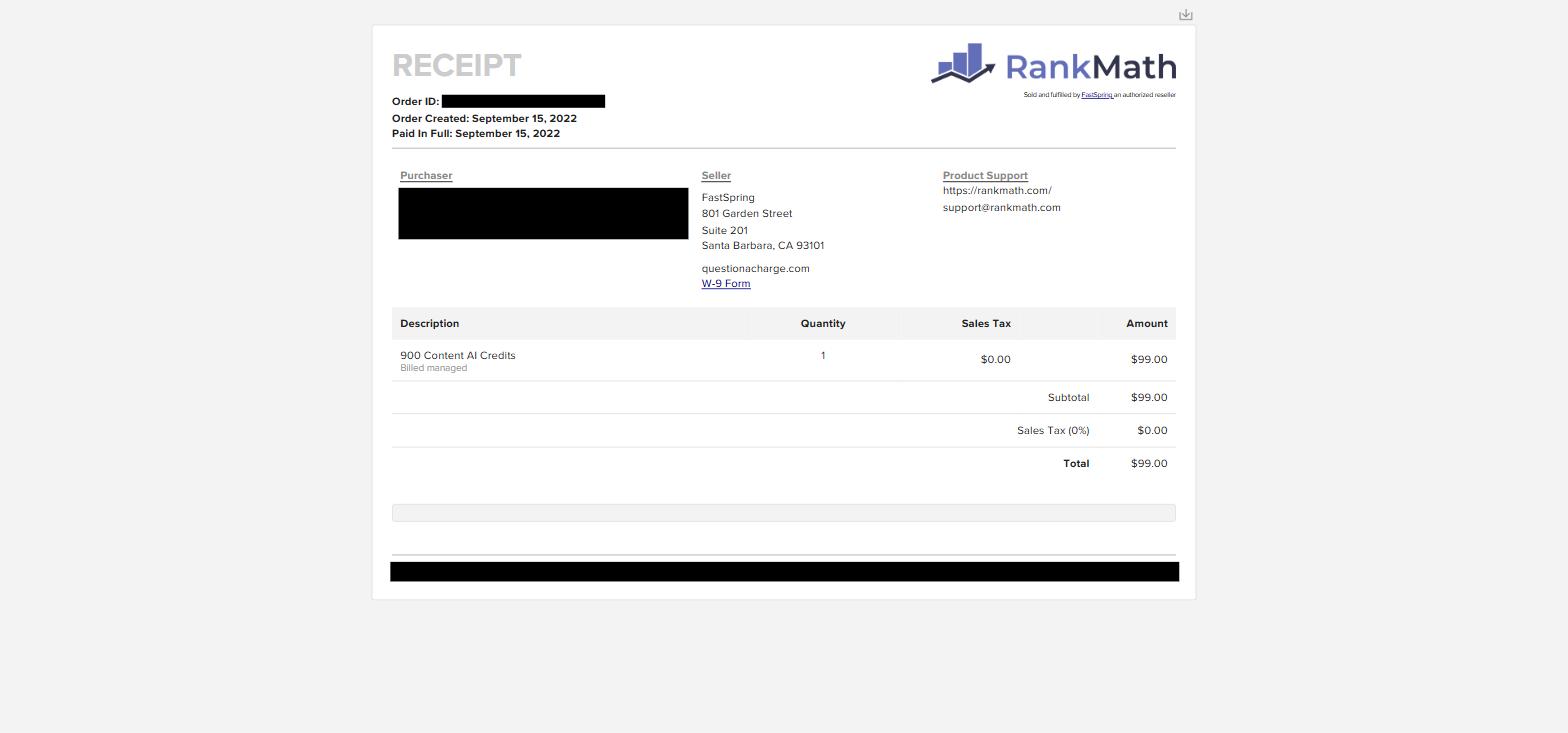 What Every Rank Math Buyer Should Know About Content AI Credits and Expiration Terms 1 Redacted FastSpring receipt for the 900 Content AI Credits purchase showing product, quantity, and total with no expiration date
