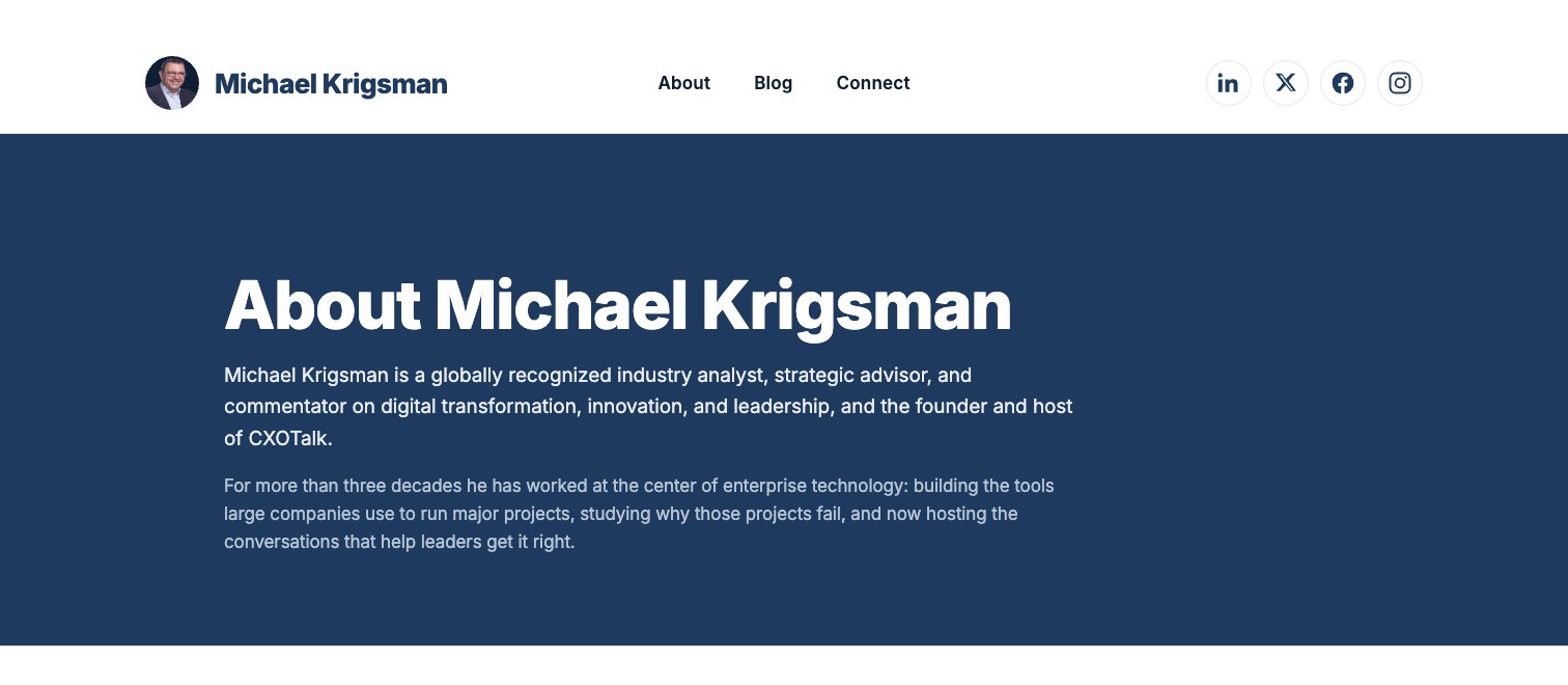 Top of the About page on michaelkrigsman.com