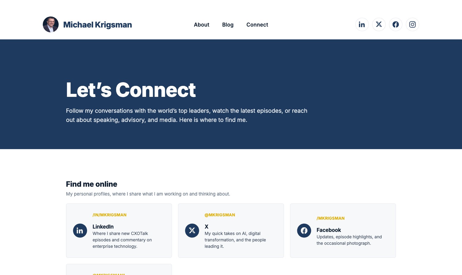 Top of the Connect page on michaelkrigsman.com