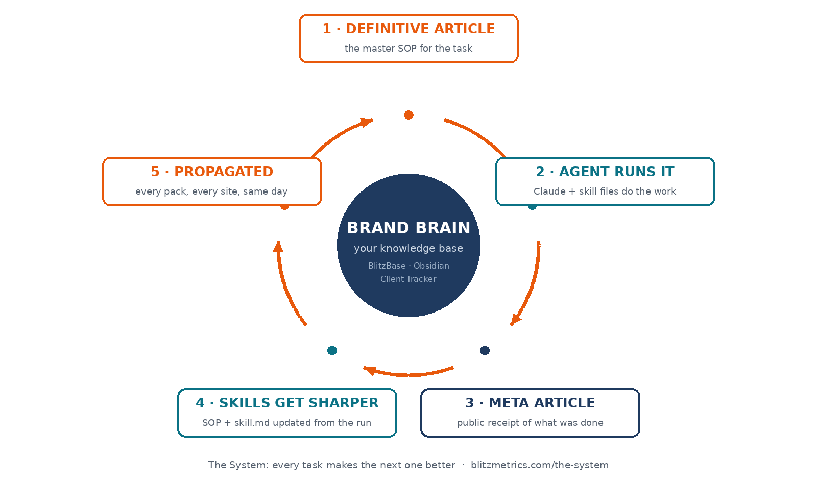 The System: definitive article, agent runs it, meta article, skills get sharper, propagated everywhere - around a central brand brain