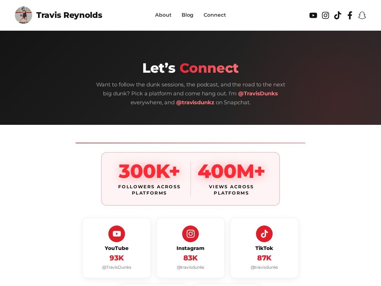 How We Built Travis Reynolds' Dunk Brand Site and Wikidata Entity 2 travisdunks.com Connect page with branded platform cards