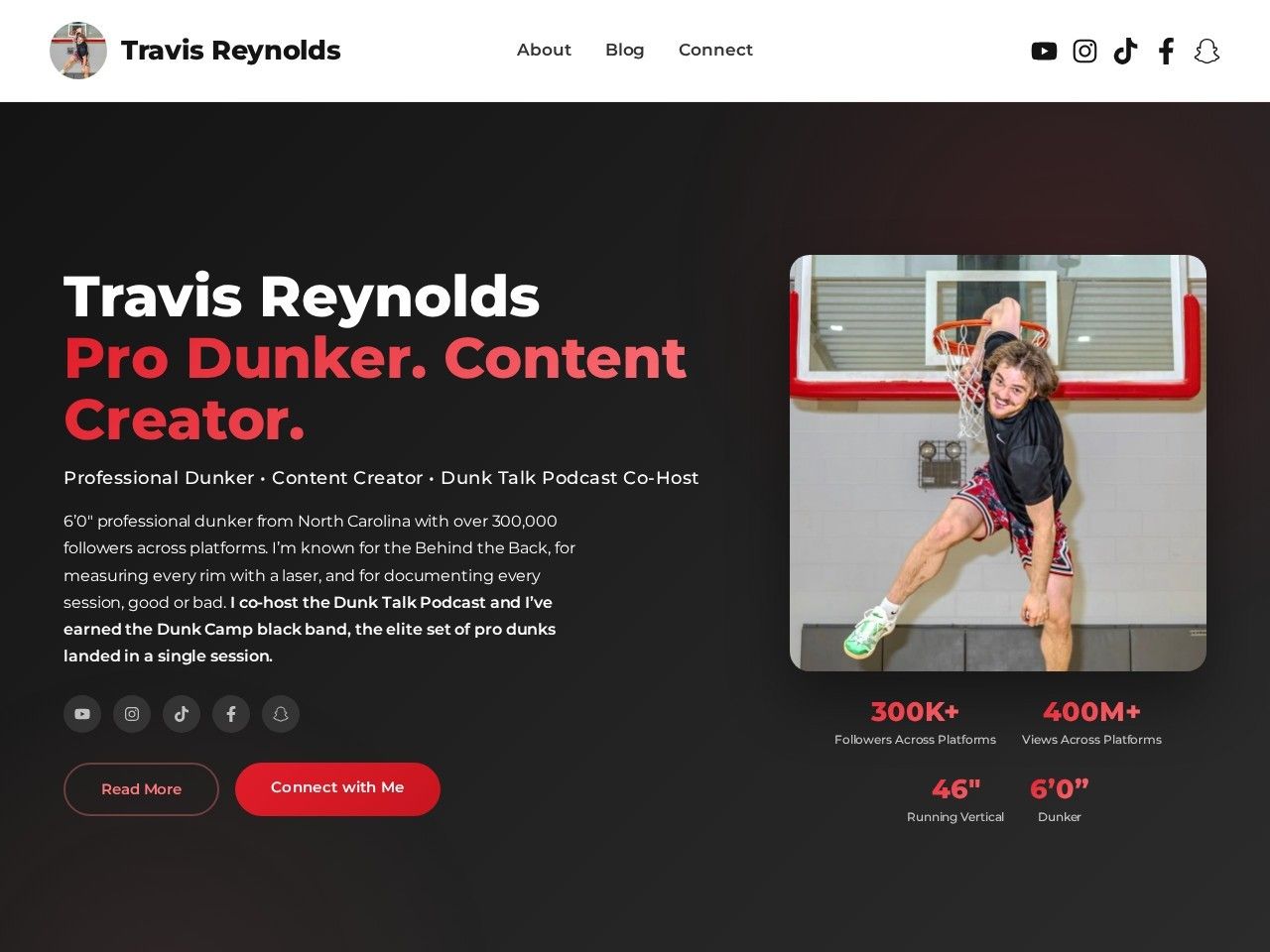 travisdunks.com home page — red-and-white personal brand site for pro dunker Travis Reynolds