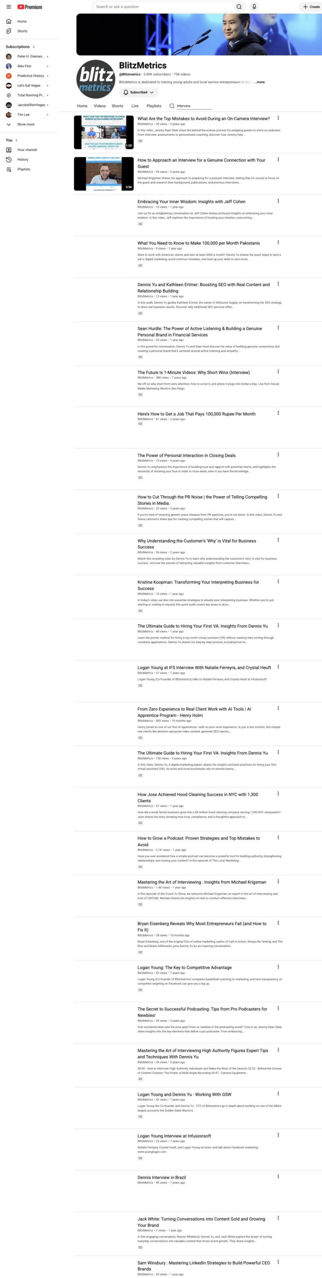 How to Inventory a Podcast on YouTube: The Definitive SOP 6 BlitzMetrics YouTube channel search with interview entered and matching video results