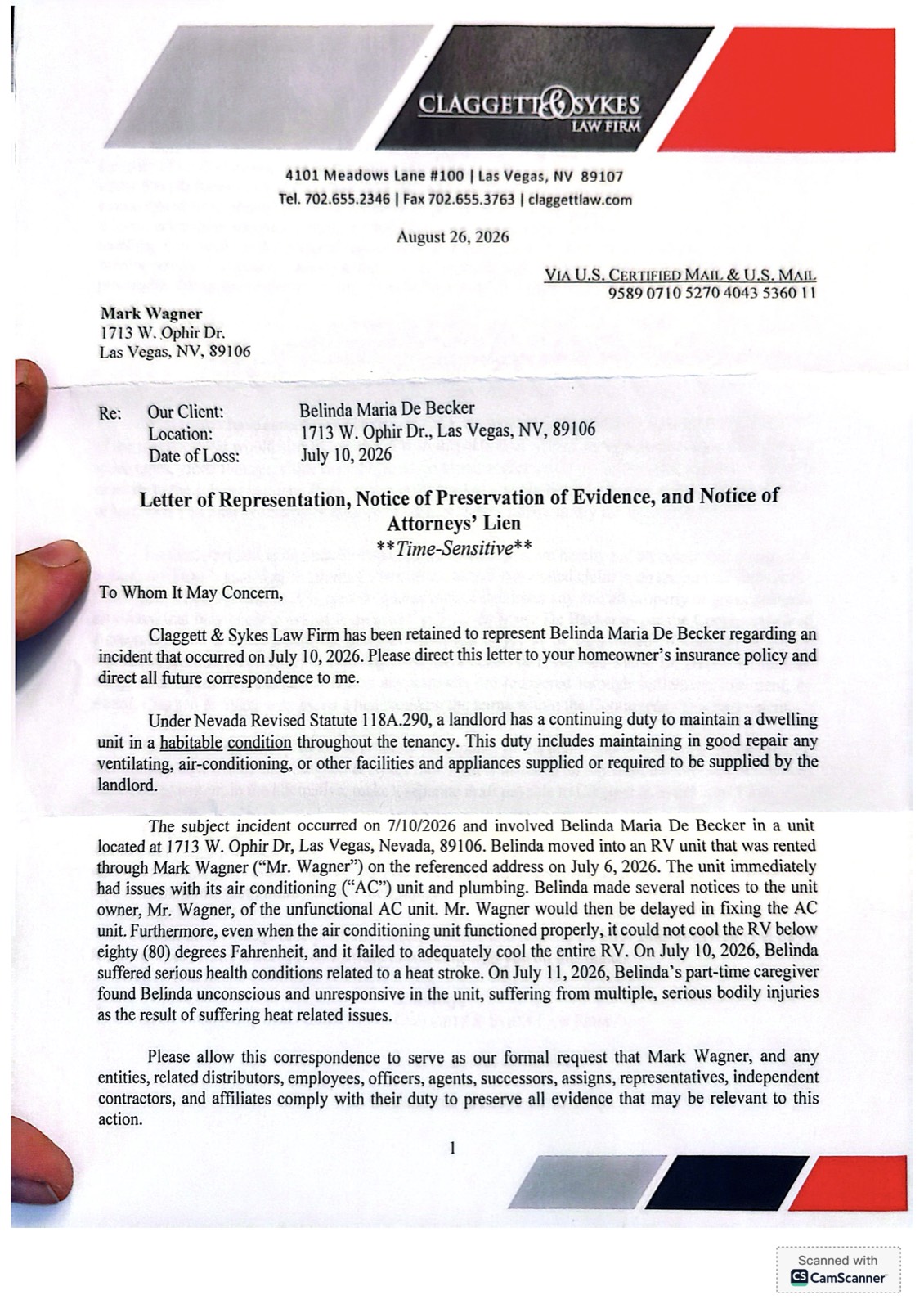 Page 1 of the August 26, 2026 Claggett and Sykes letter of representation to Mark Wagner.