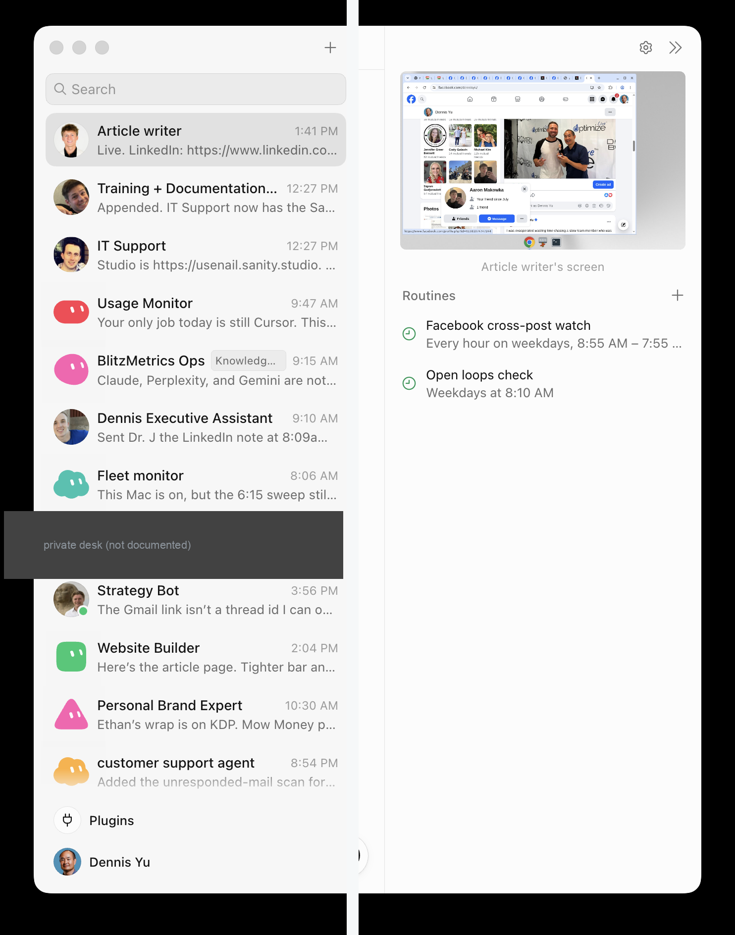 Grok Bot on this Mac 18 Aug 2026: named desks including Usage Monitor and IT Support on the left, Article writer routines on the right including Facebook cross-post watch and Open loops check