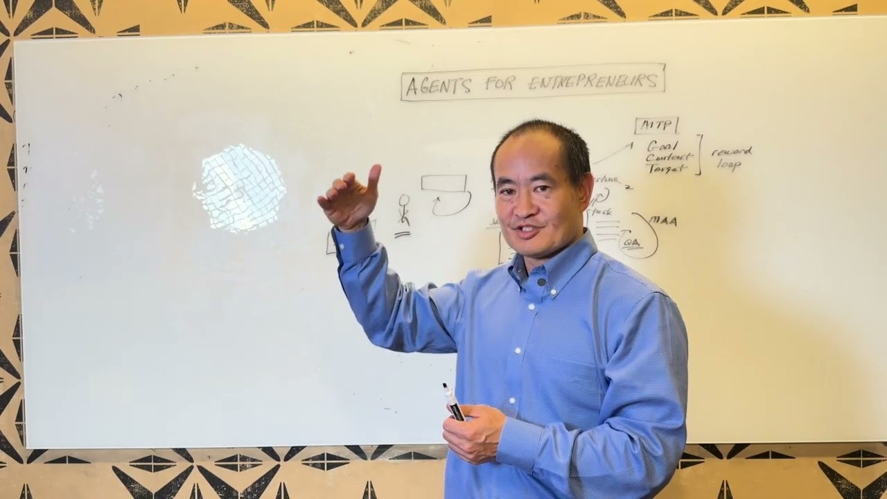 Dennis Yu at the whiteboard mapping the AI agent framework for entrepreneurs