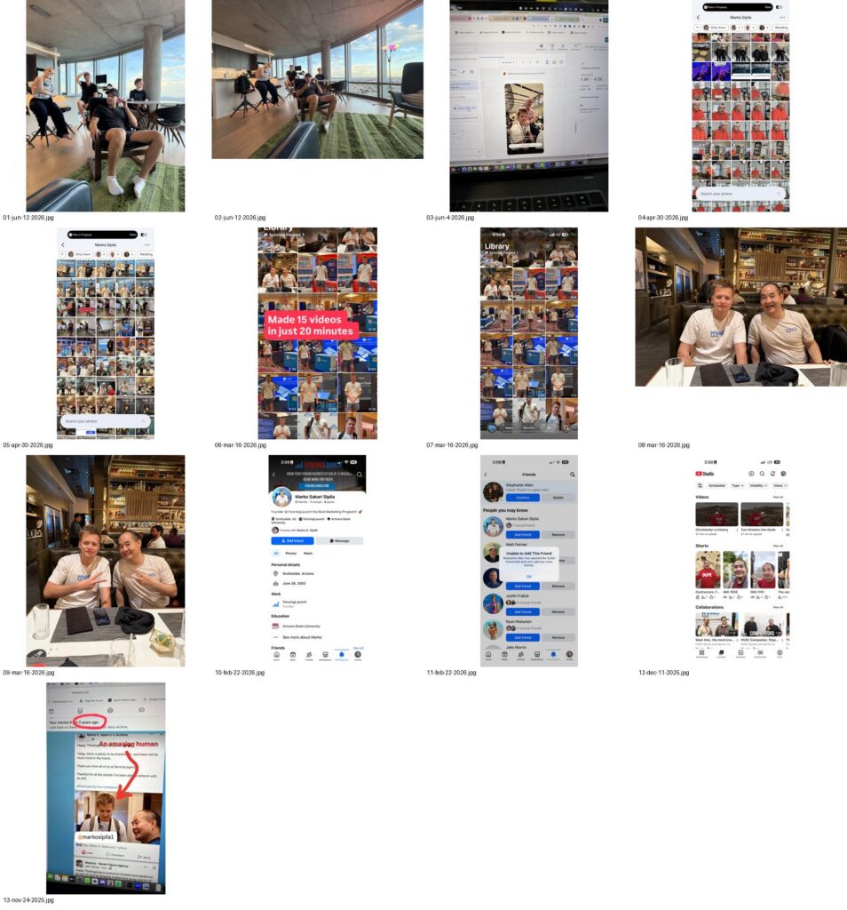 Contact-sheet review of the 13 photos Google Photos assigned to the Marko Sipila face cluster — only 4 were real photos; 9 were screenshots