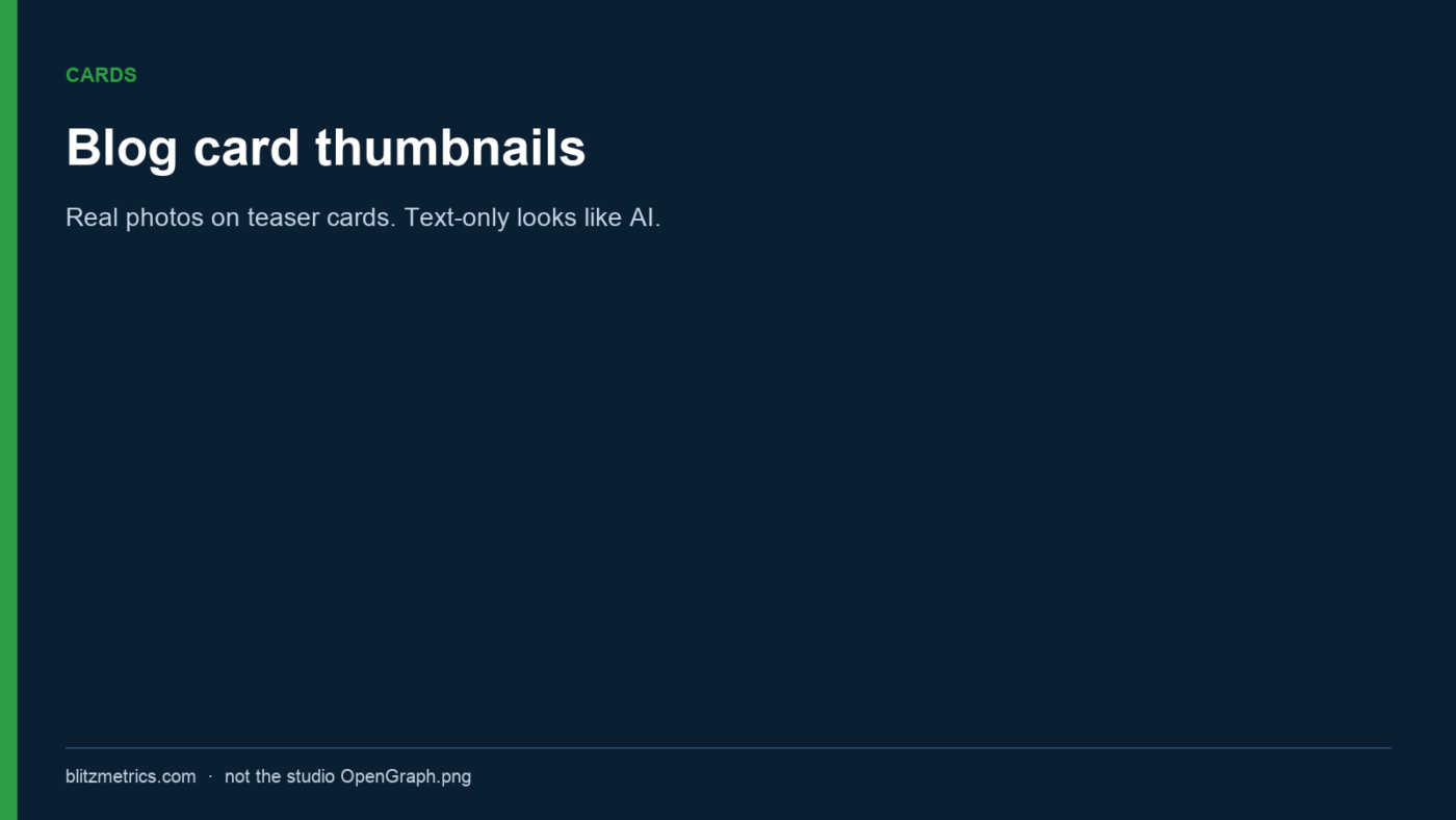Blog card thumbnails. Real photos on teaser cards. Text-only looks like AI.