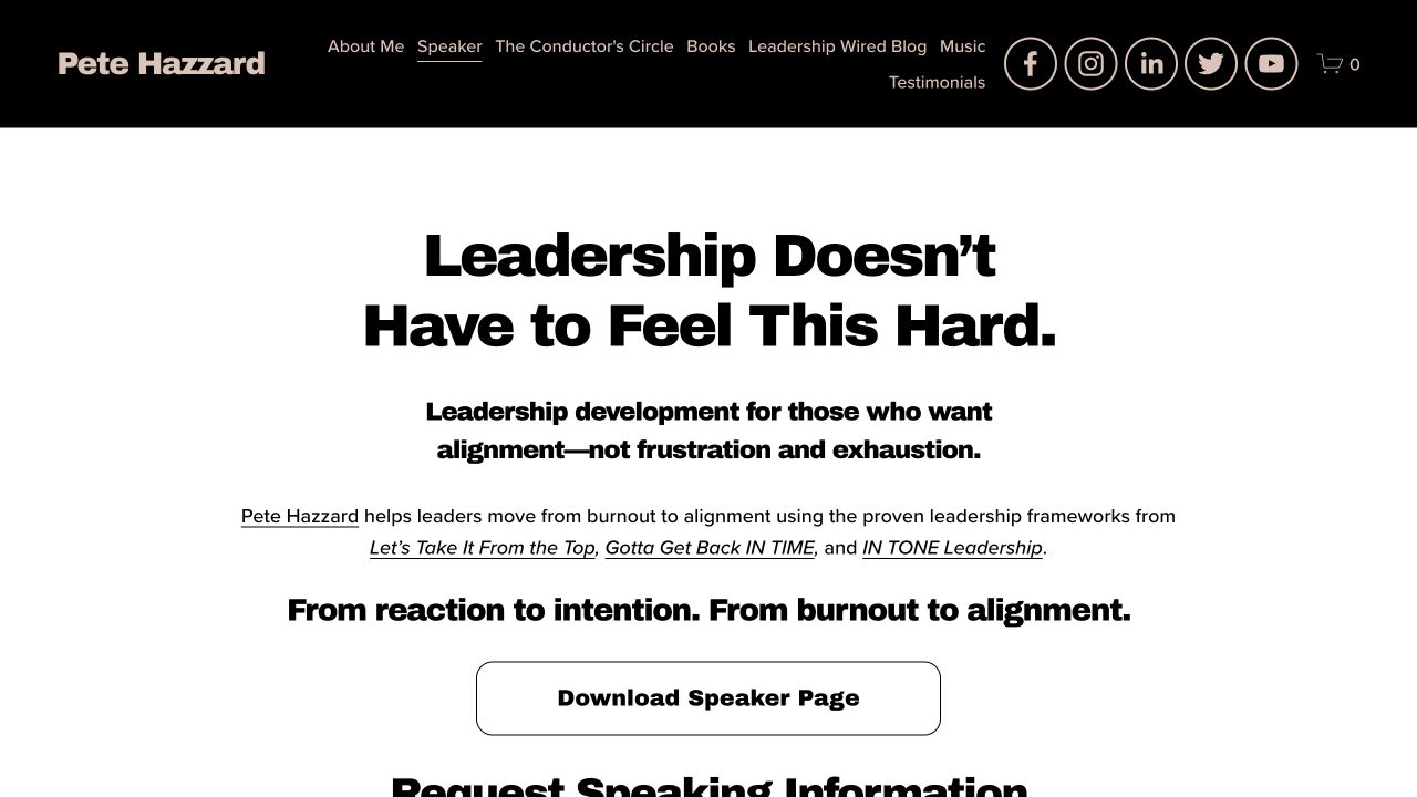 Public Pete Hazzard speaking page with leadership offer and speaker download button