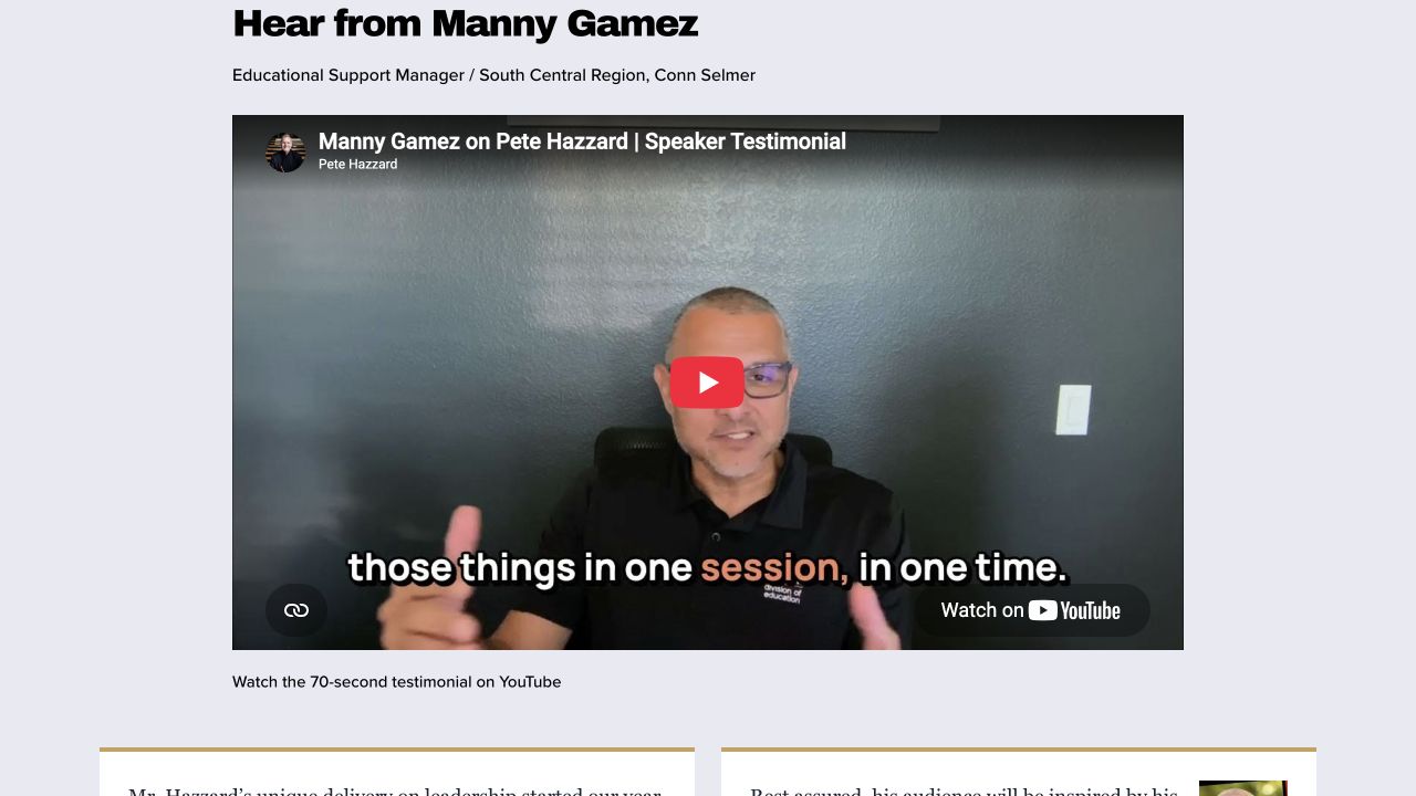 Manny Gamez testimonial player and attribution on Pete Hazzard’s website