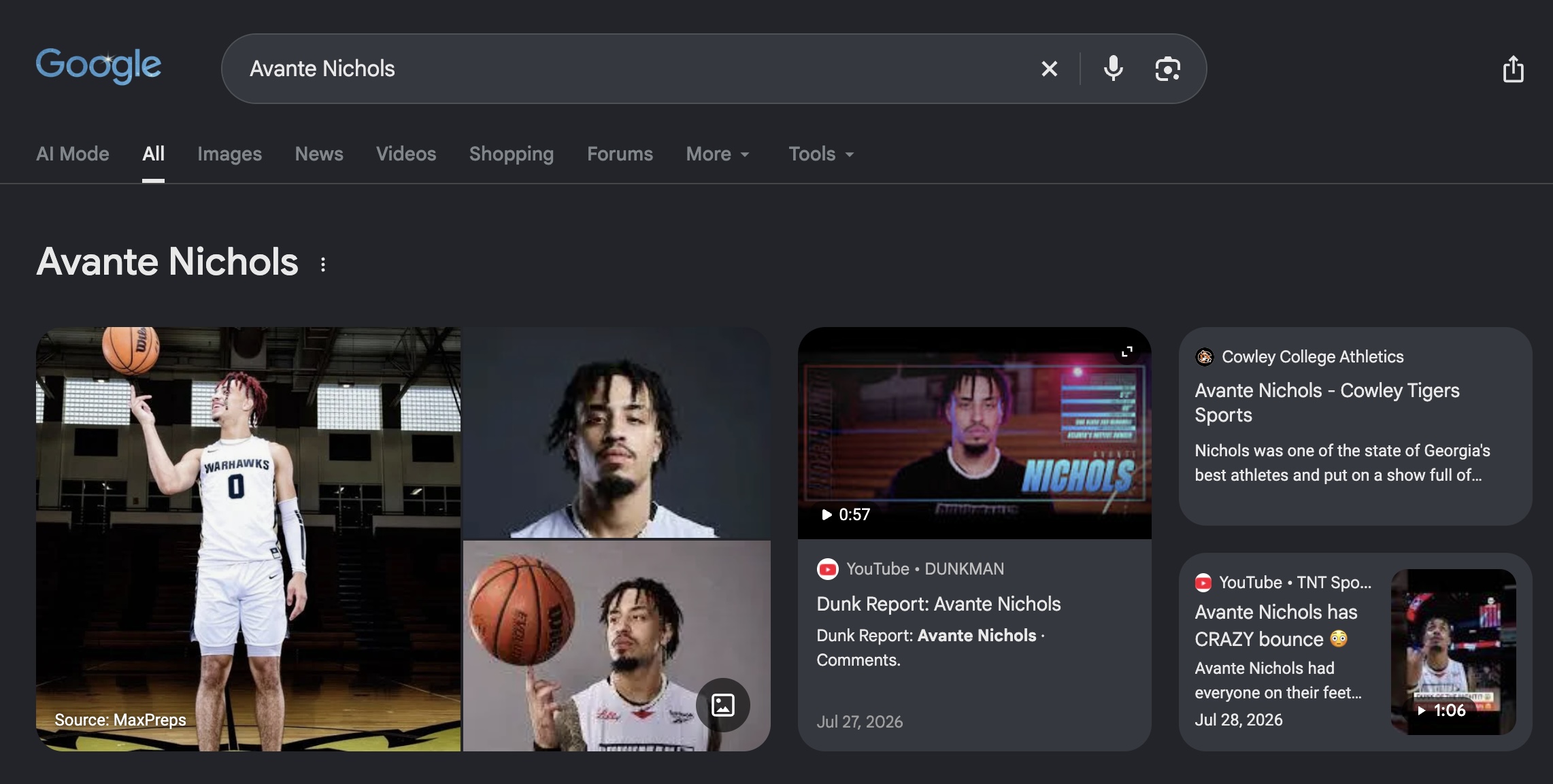 Avante Nichols Google Knowledge Panel showing DunkMan Dunk Report, TNT Sports, and Cowley College Athletics results