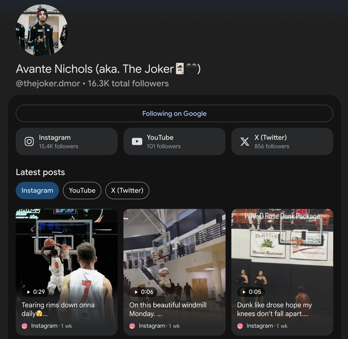 Avante Nichols Google Search Profile showing 16.3K total followers across Instagram, YouTube, and X