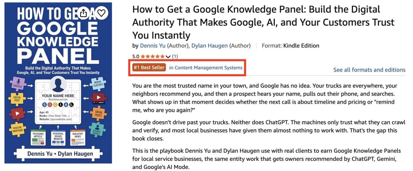 Amazon Kindle page for How to Get a Google Knowledge Panel showing the #1 Best Seller badge in Content Management Systems