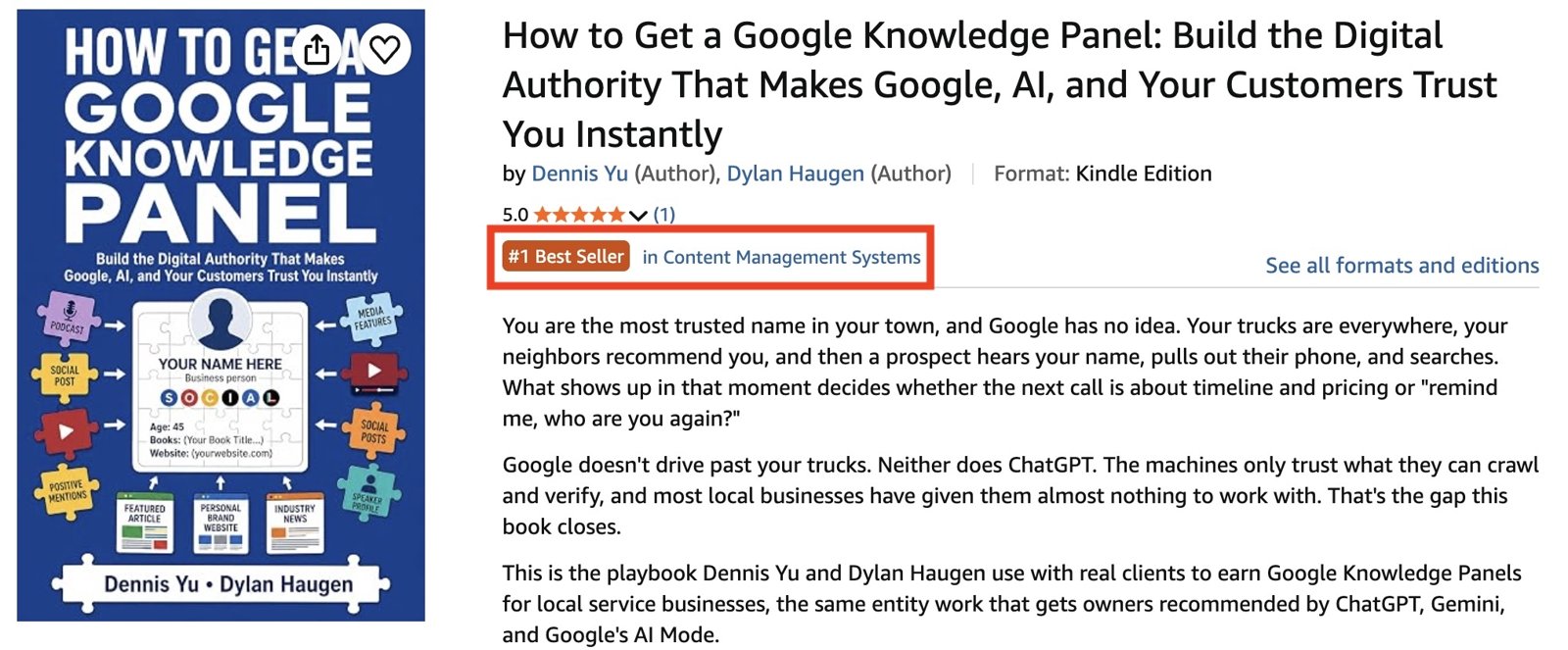 Amazon Kindle page for How to Get a Google Knowledge Panel showing the #1 Best Seller badge in Content Management Systems