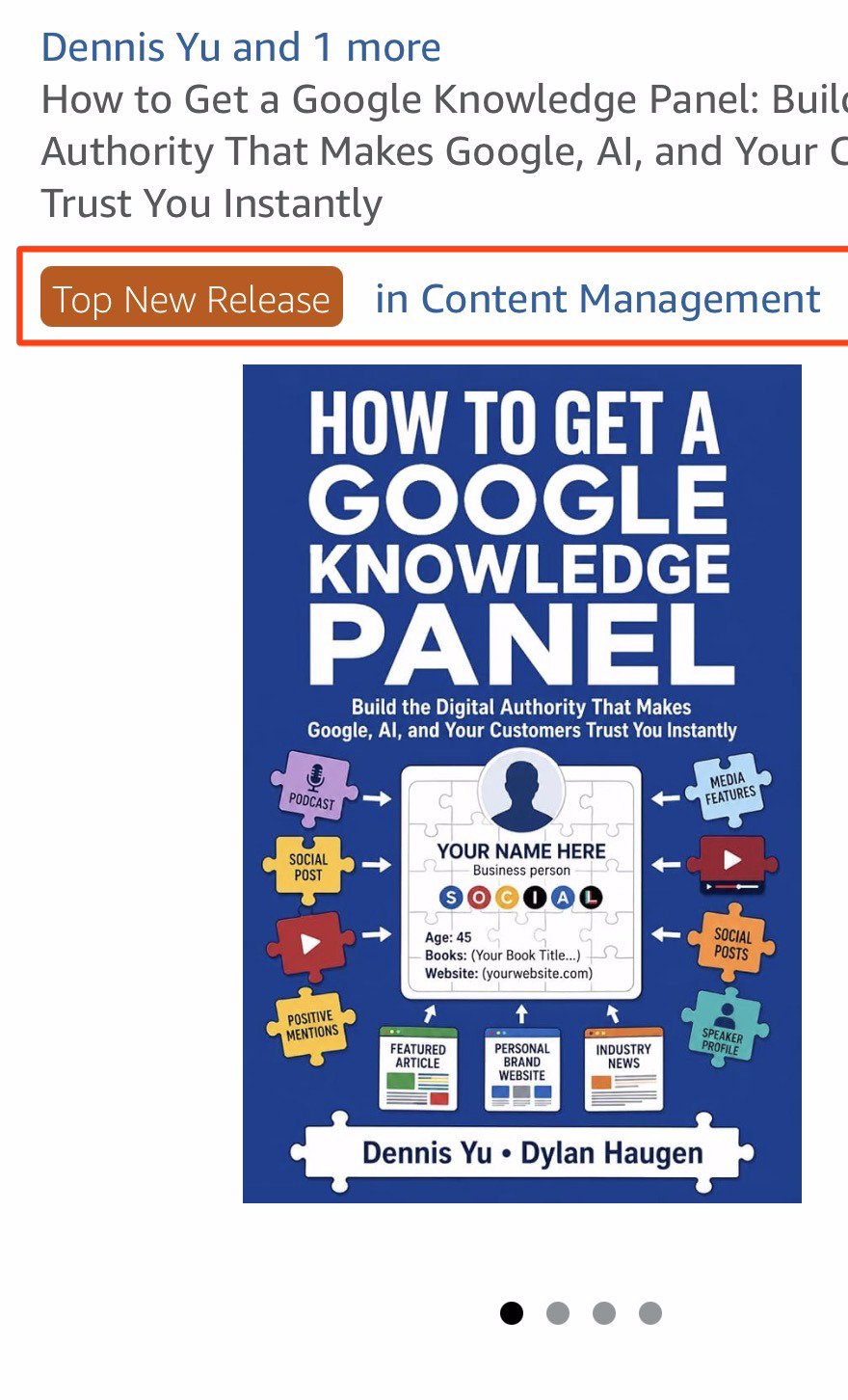 Amazon mobile product page for How to Get a Google Knowledge Panel with the #1 New Release badge in Content Management