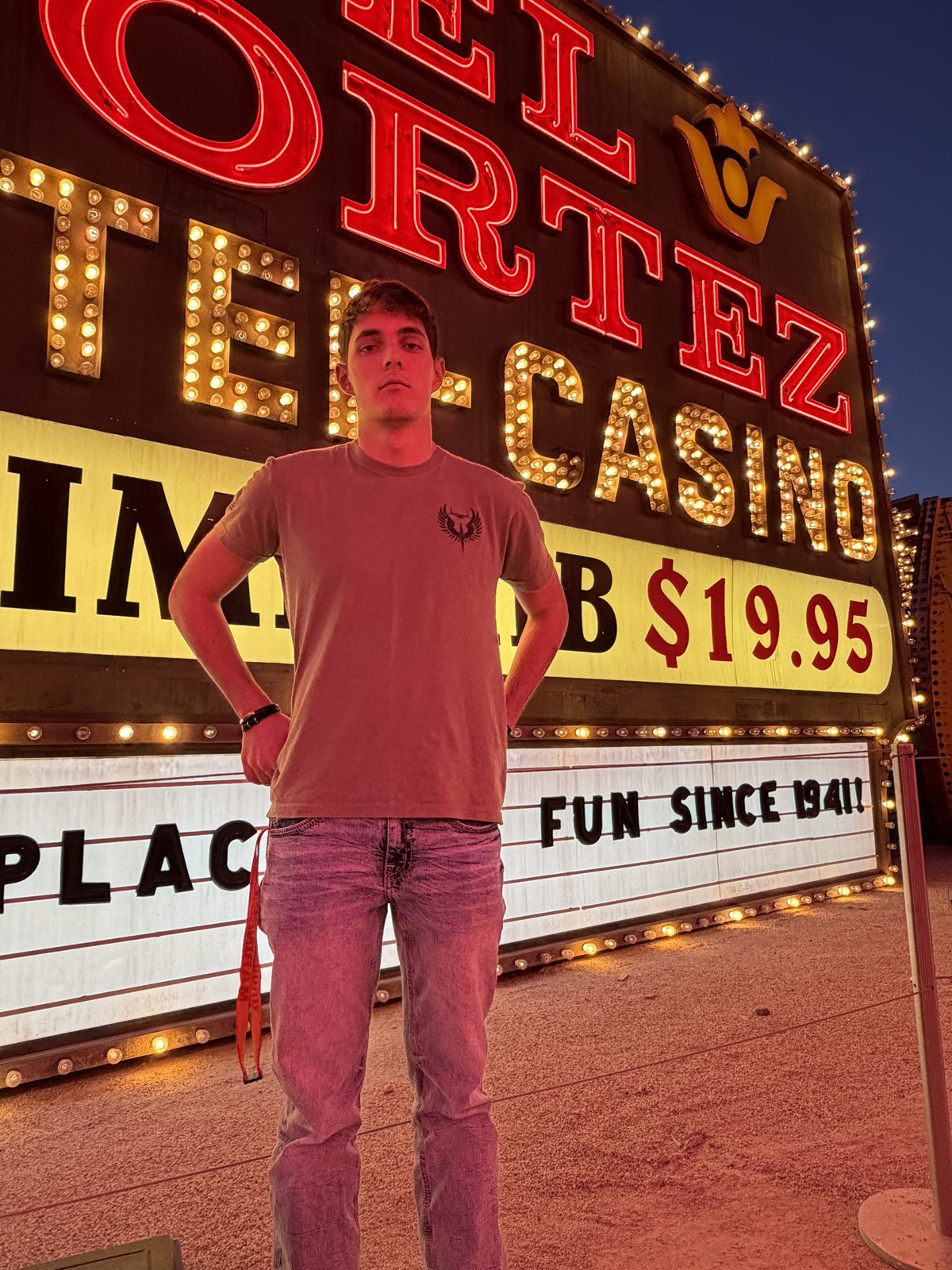 Elias in front of the El Cortez Casino sign