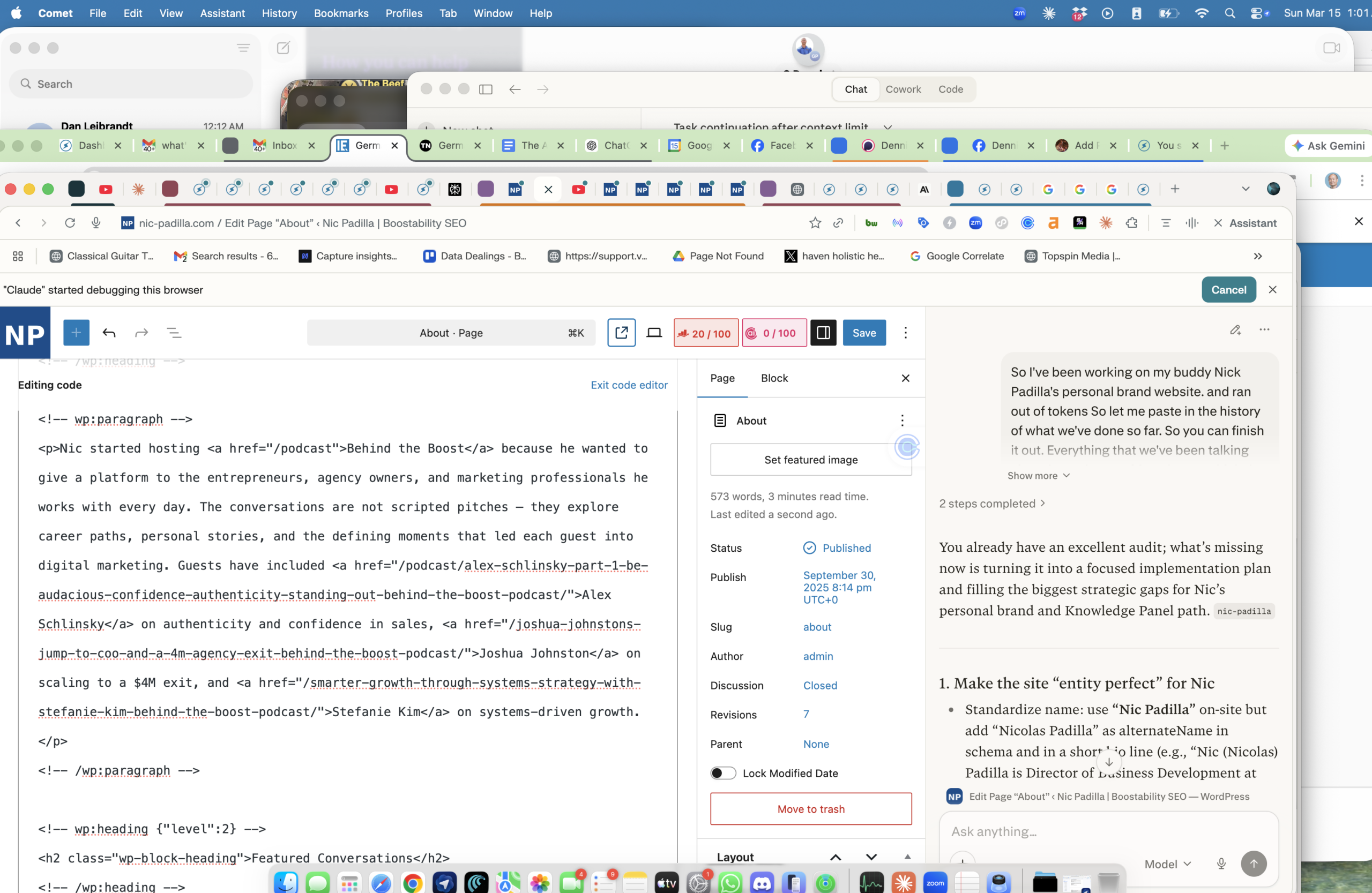 Historical screenshot of the Nic Padilla WordPress editor beside a request to continue after running out of tokens.